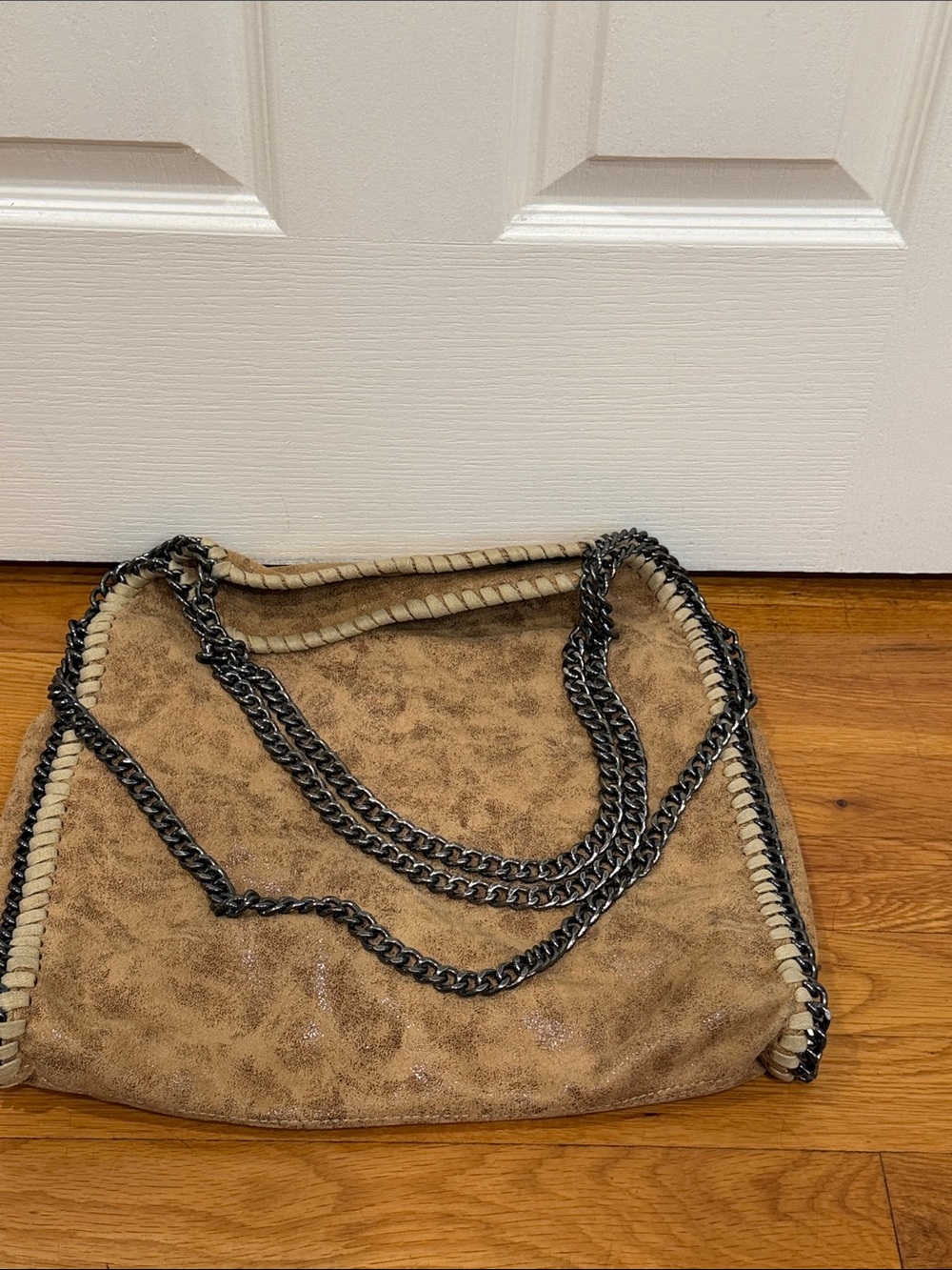 Brown Suede Chain-Trim Shoulder Bag